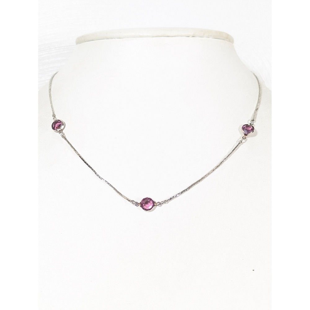 Vintage‎ Medici Purple Glass Station Necklace Silver Tone Bezel Set 16"